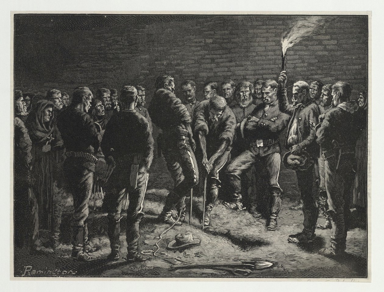 De Apache-campagne--begrafenis van Hatfields mannen, uit Harpers Weekly, uitgegeven 1886 door Frederic Remington