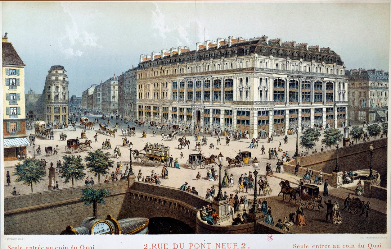 Buitenaanzicht van La Belle Jardiniere, rue du pont neuf in Parijs in de 19e eeuw door Frederic Sorrieu