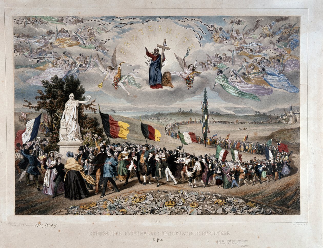 De Universele Democratische en Sociale Republiek Processie van de Europese Volkeren in Unie en Broederschap. Lithografie door Frederic Sorrieu, 1848 door Frederic Sorrieu