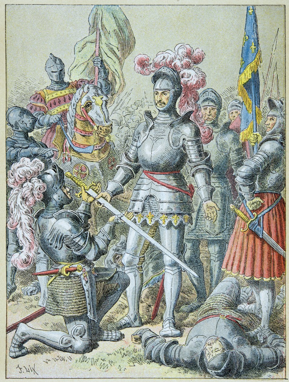 Slag bij Pavia: François I, verslagen, overhandigde zijn speer aan ridder Charles de Lannoy in 1525 door Frederic Theodore Lix