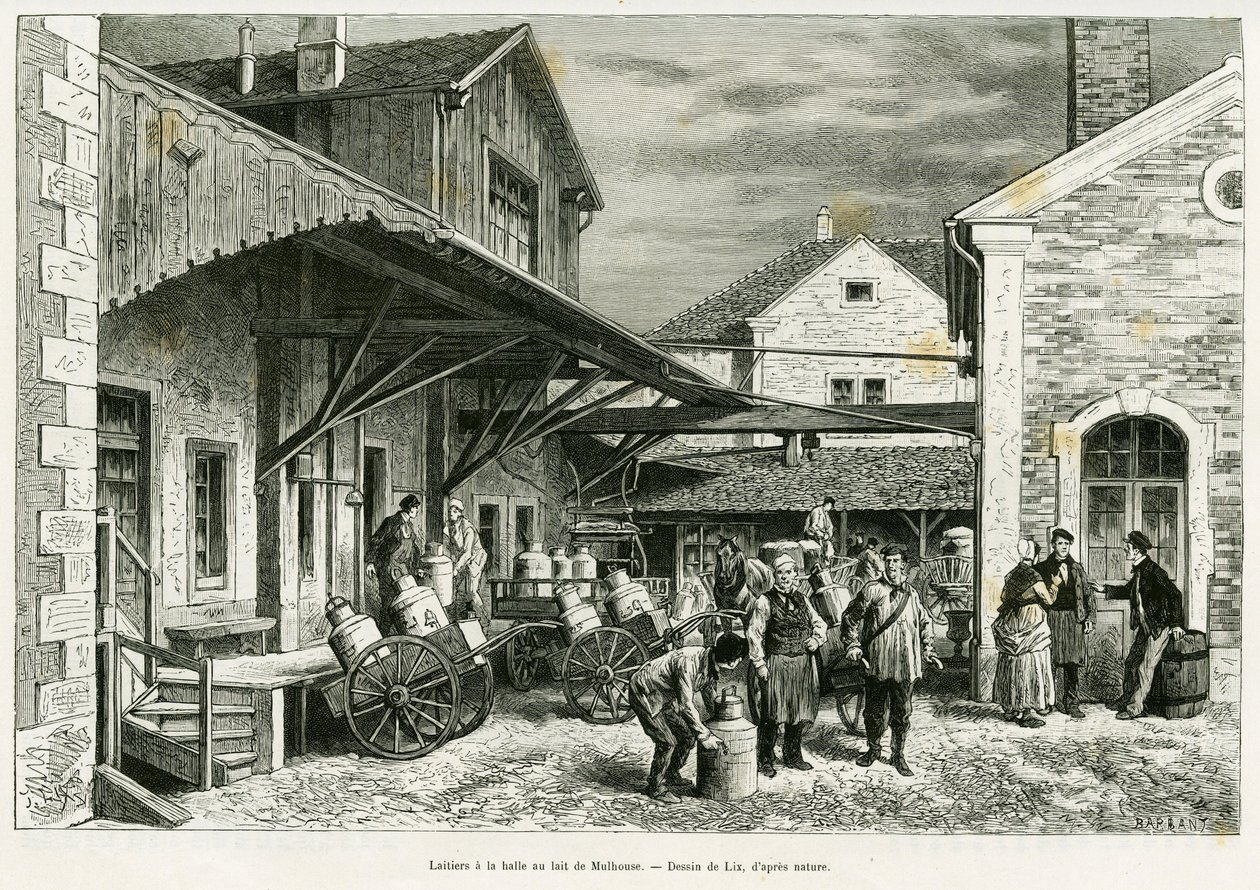Zuivel in de Melkhal van Mulhouse. Gravure door Lix ter illustratie van het verhaal 