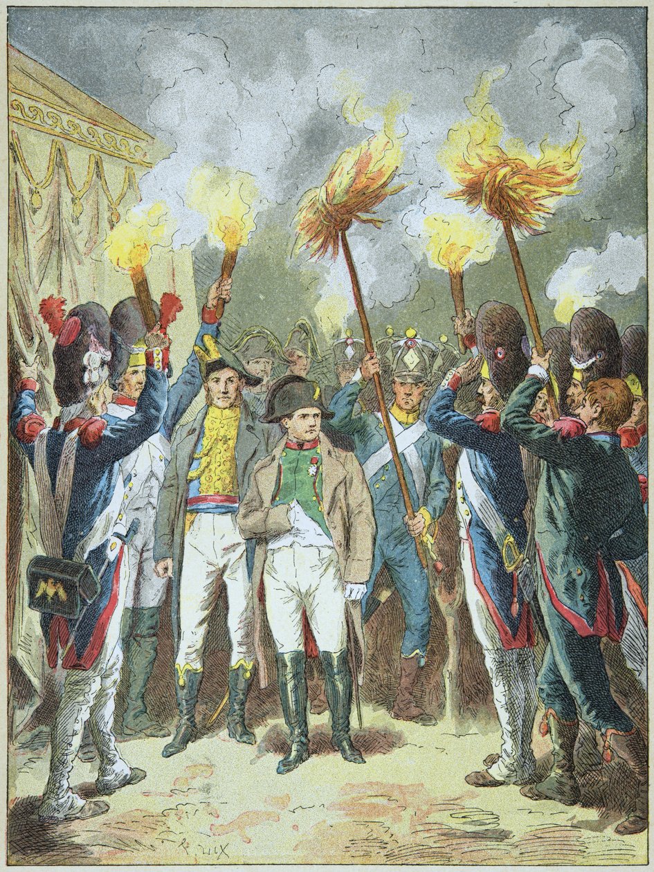 Keizer Napoleon I toegejuicht door zijn soldaten aan de vooravond van de Slag bij Austerlitz in 1805 door Frederic Theodore Lix