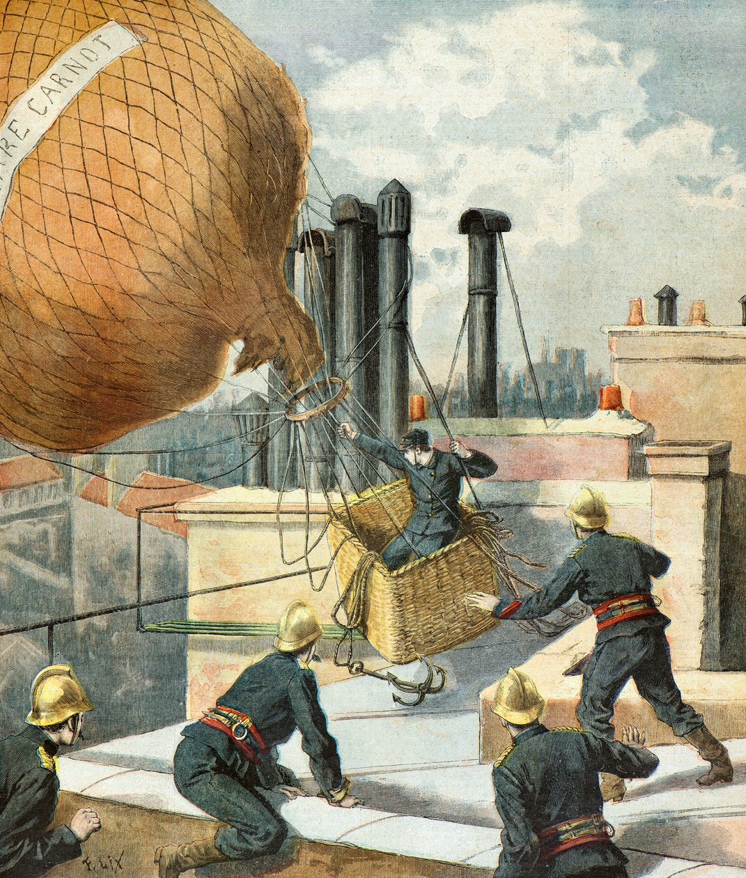 Brandweermannen redden een man in een ballon door Frederic Theodore Lix
