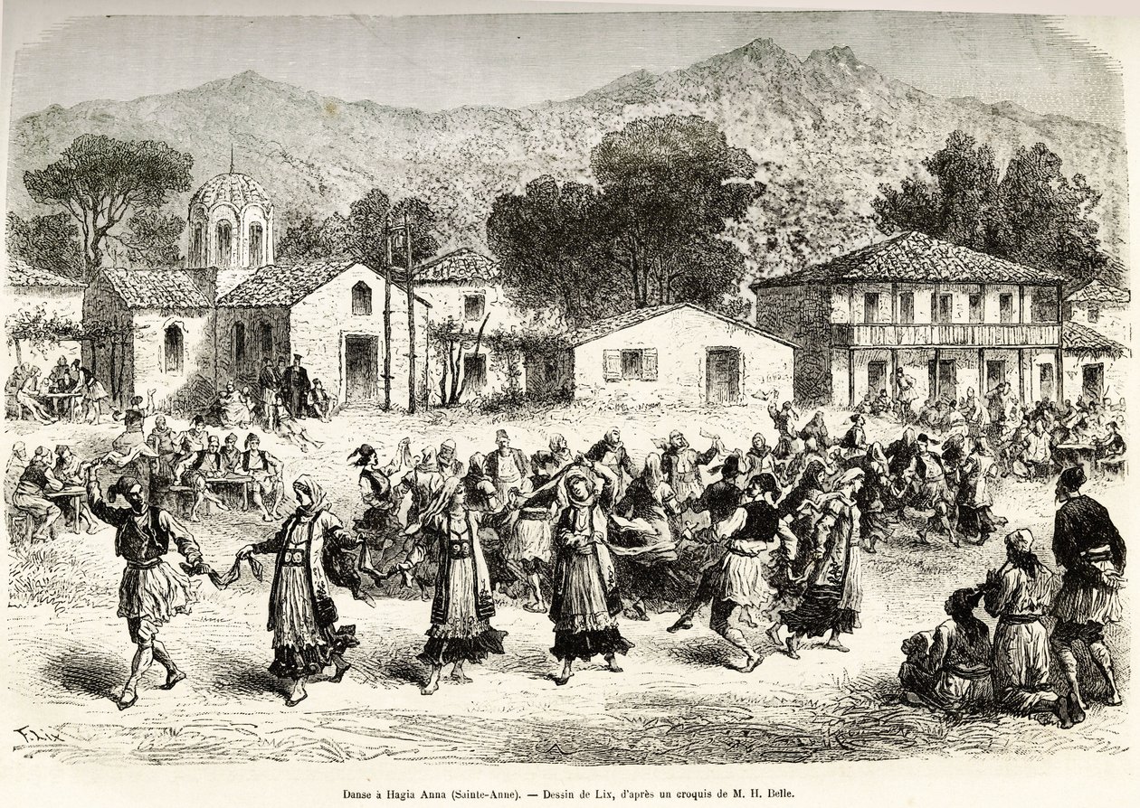 Volksdans op het dorpsplein Haggia Anna (St. Anne). Gravure naar de tekening van Lix, ter illustratie van de reis in Griekenland, door Henri Belle, in 1861-1868-1874, gepubliceerd in 