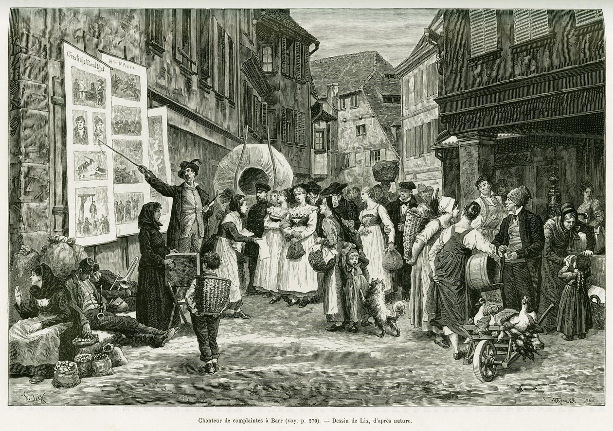 Lamentzanger in de straten van Barr. Gravure door Lix, ter illustratie van het verhaal Door de Elzas en Lotharingen, in 1887, door Charles Grad, Duitse afgevaardigde, in de tour du monde 1888, onder leiding van Edouard Charton (1807-1890), Hachette, Parijs door Frederic Theodore Lix