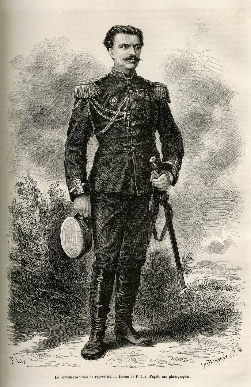 Portret van de reiziger en verteller luitenant-kolonel van Prjewalski, tekening door F. Lix ter illustratie van de reis naar Mongolië en het land van de Tanguten van 1870 tot 1873, door luitenant-kolonel van Prjewalski. Gravure in 