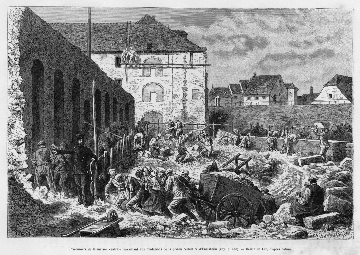 Gevangenen van het centrale huis werken aan de fundamenten van de Ensisheim-celgevangenis. Gravure door Lix ter illustratie van het verhaal A travers l