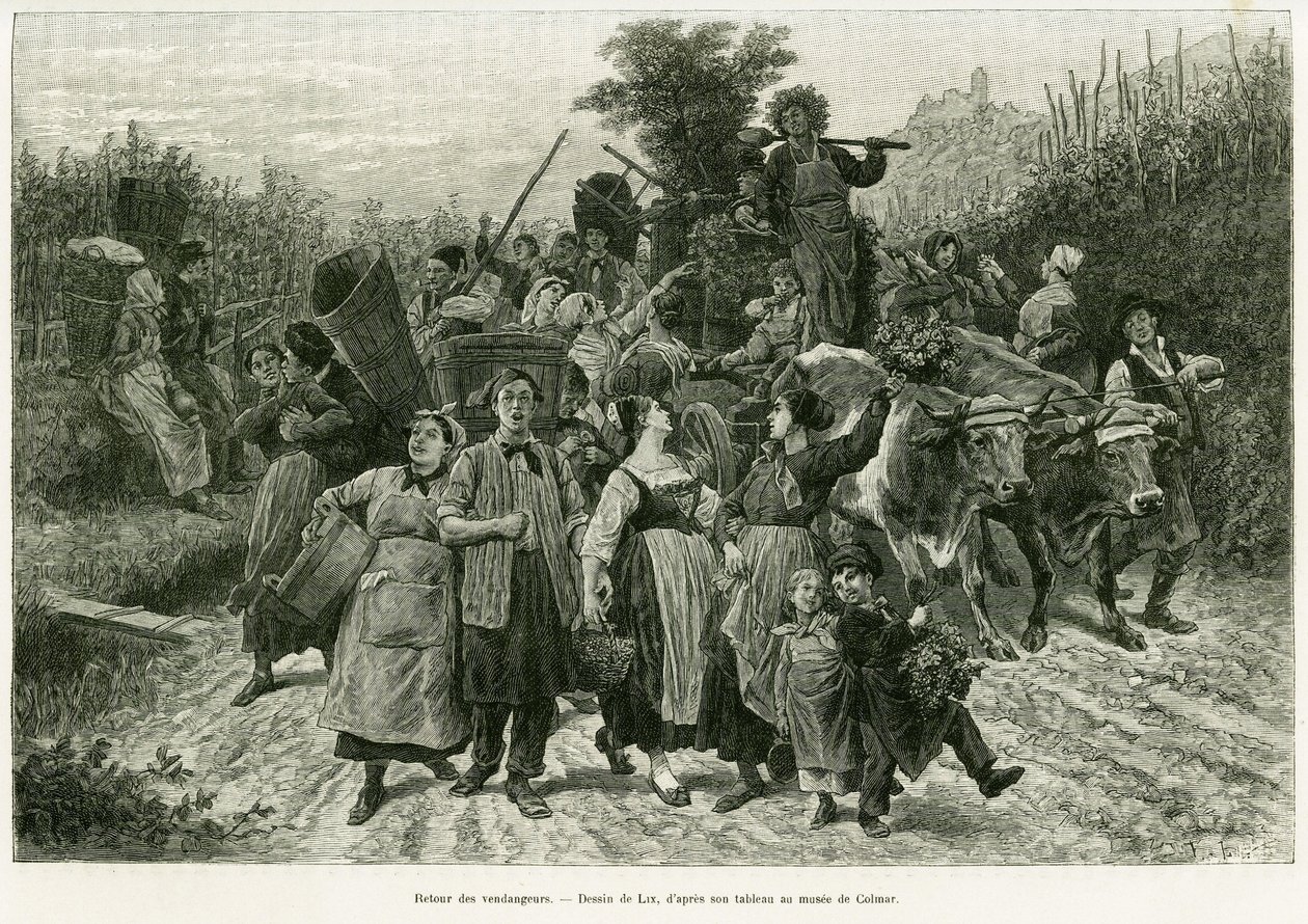 Terugkeer van de oogst. Gravure door Lix, ter illustratie van het verhaal Door de Elzas en Lotharingen, in 1887, door Charles Grad, Duitse afgevaardigde, in de tour du monde 1888, onder leiding van Edouard Charton (1807-1890), Hachette, Parijs. door Frederic Theodore Lix