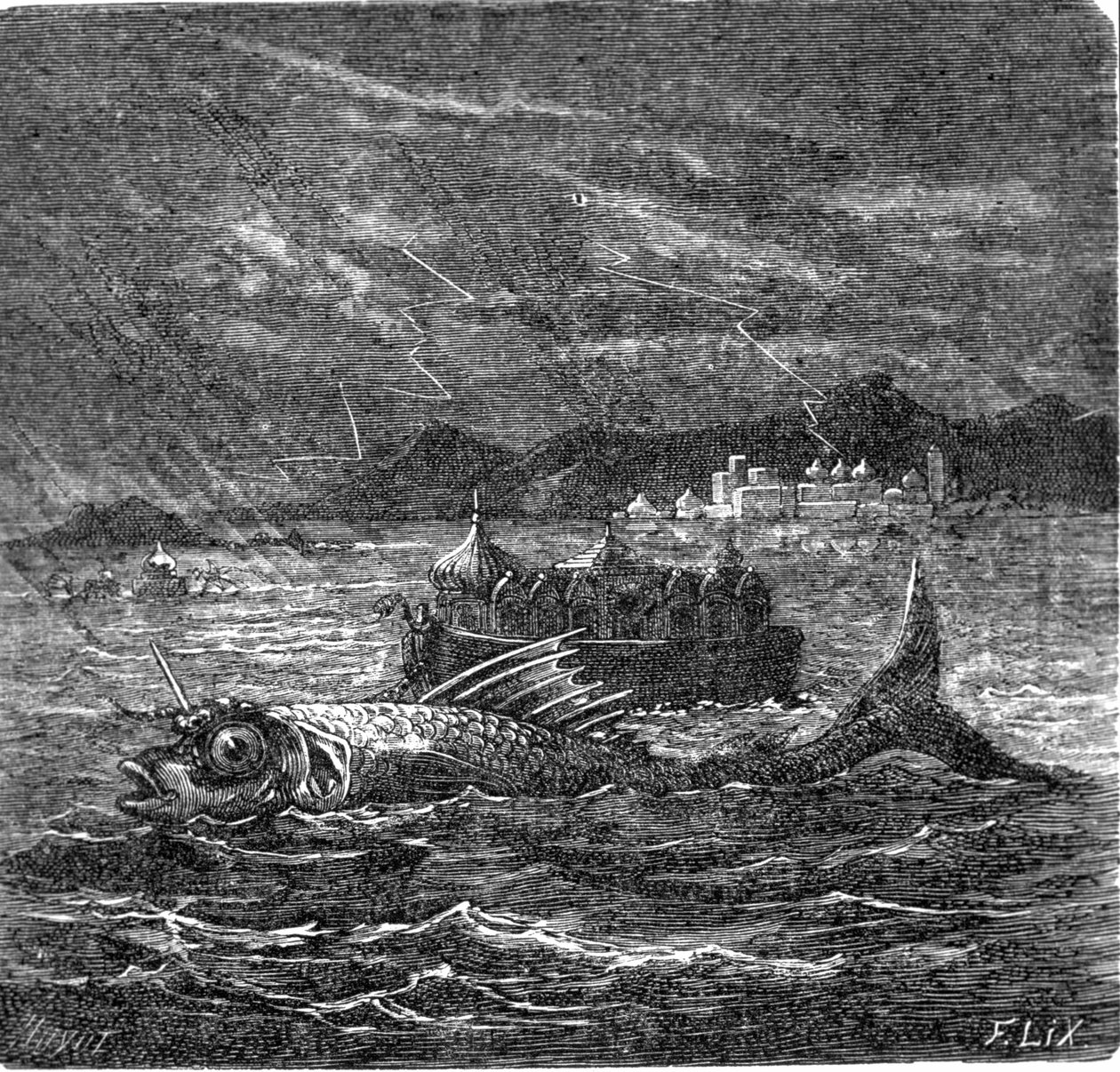 De reusachtige vis van de universele vloed volgens de hindoes door Frederic Theodore Lix