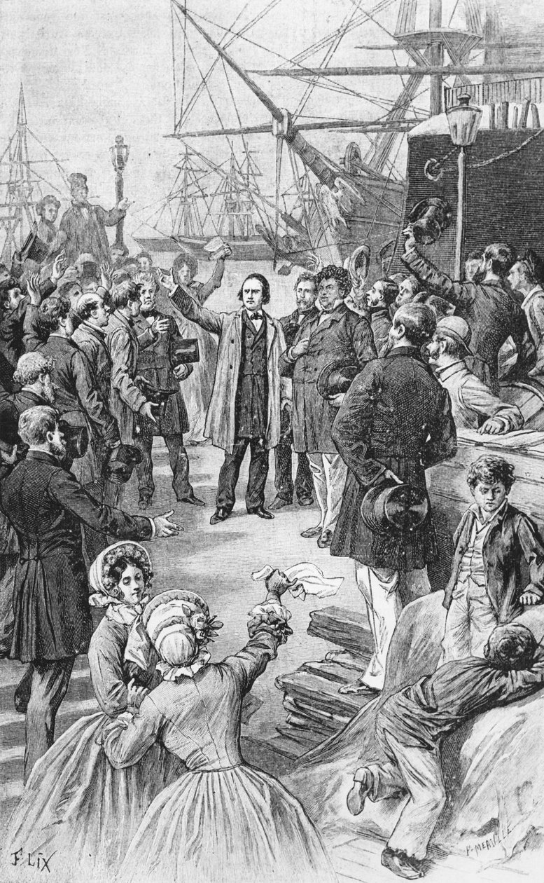 Victor Hugo (1802-85) neemt afscheid van zijn vrienden en supporters in Antwerpen op 1 augustus 1852, c.1885 door Frederic Theodore Lix