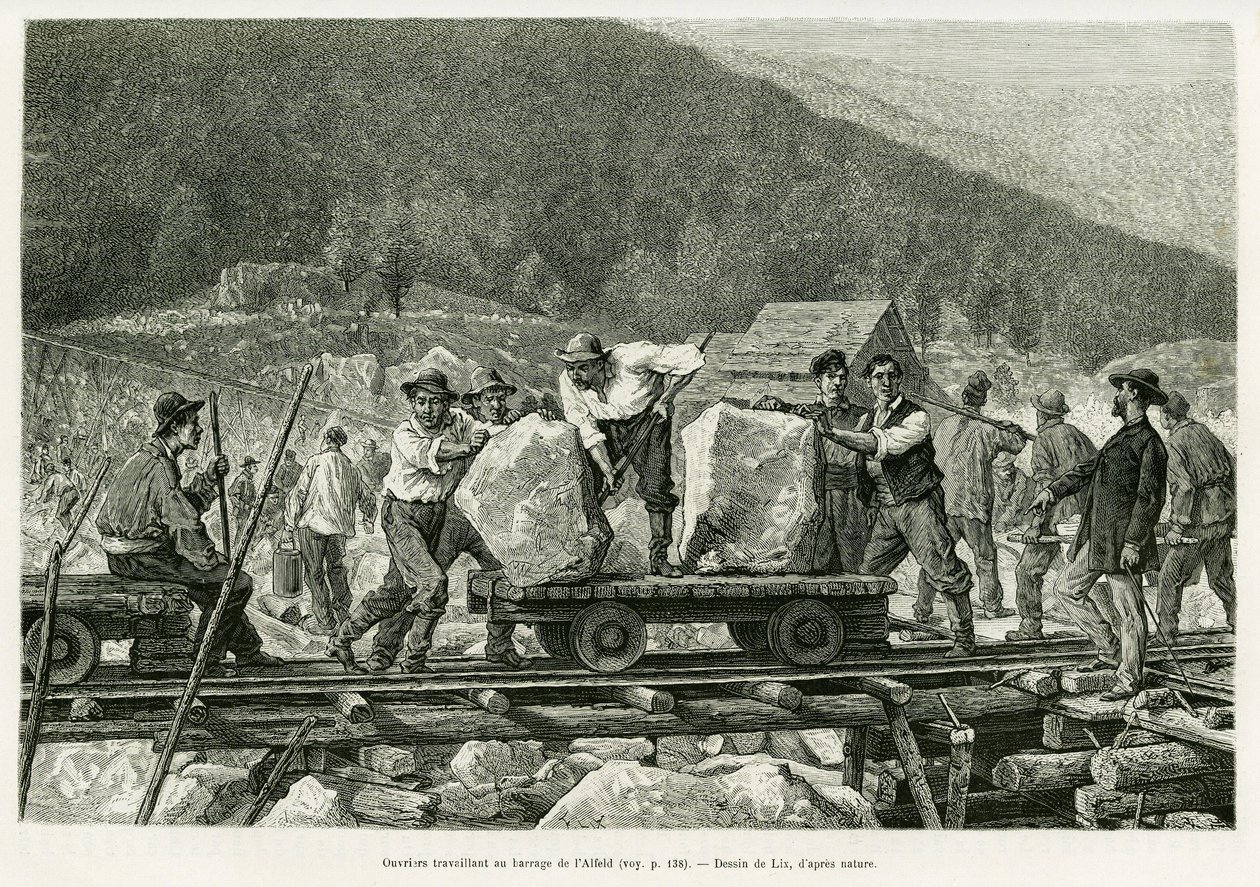 Arbeiders werken aan de Alfeld-dam. Gravure door Lix ter illustratie van het verhaal A travers l