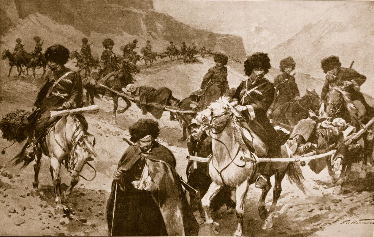 Kozakkenambulancekonvooi in de bergen van de Kaukasus, 1914-19 door Frederic de Haenen