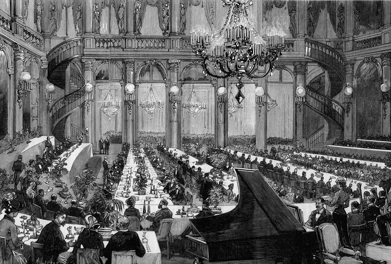 Dinerconcert in de feestzaal van het Grand Hotel de Paris. Gravure door De Haenen in 
