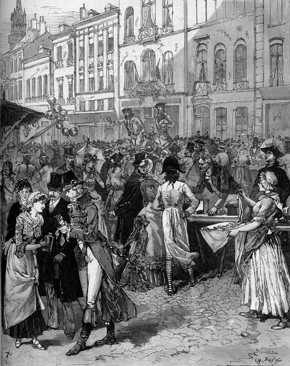 Historische viering van de herdenking van het beleg van Lille in 1792: de Braderie Watteau in de straten van de stad met de modieuze inwoners van de 18e eeuw. Gravure door De Haenen in Le Monde Illustré nr. 1334 van 21 oktober door Frederic de Haenen