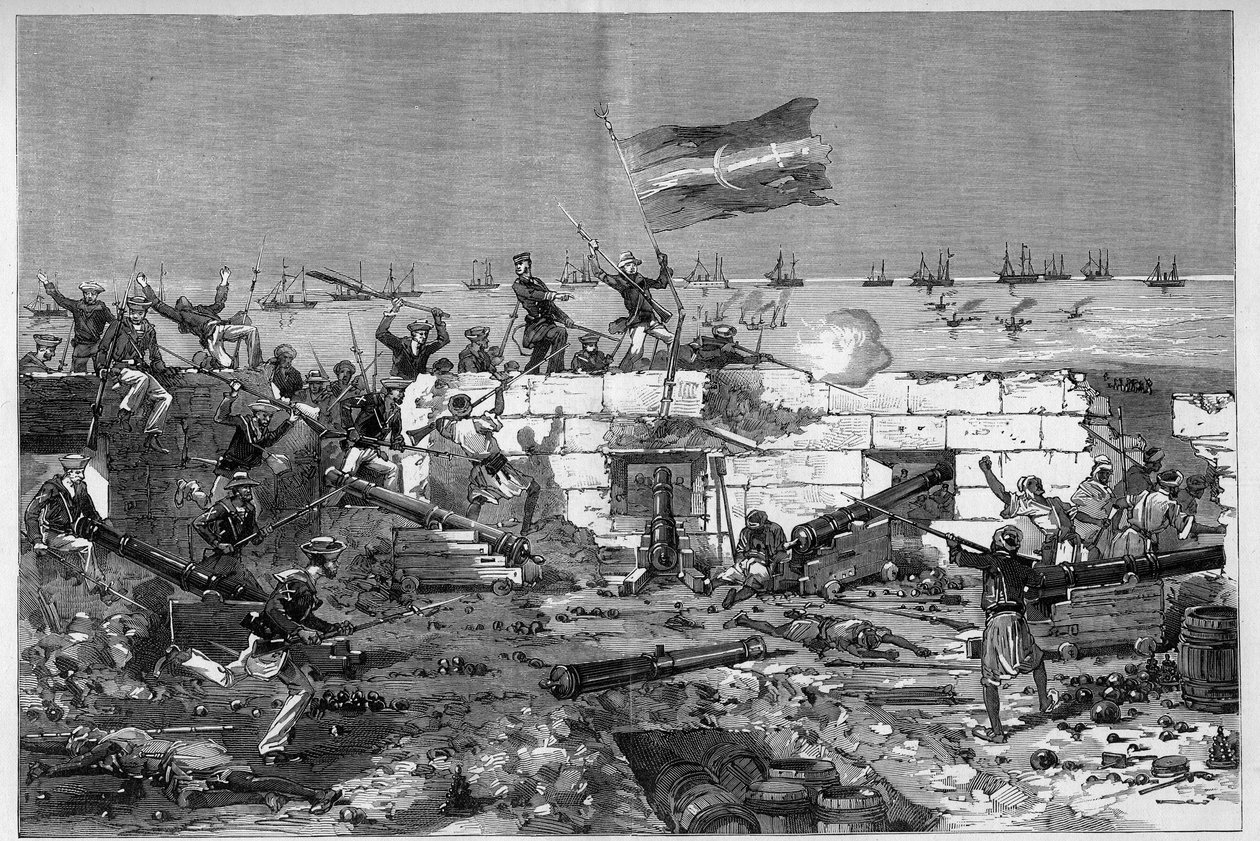 Tunesië, juli 1881: Franse troepen namen de stad Stax in na de opstand van de inwoners tegen het Franse protectoraat van Tunesië. Mariniers nemen de cirkelvormige batterij in. Gravure door De Haenen in 