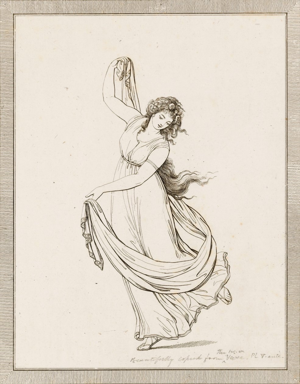 Emma, Lady Hamilton, in een klassieke pose, dansend en balancerend op haar rechtervoet door Frederich (after) Rehberg