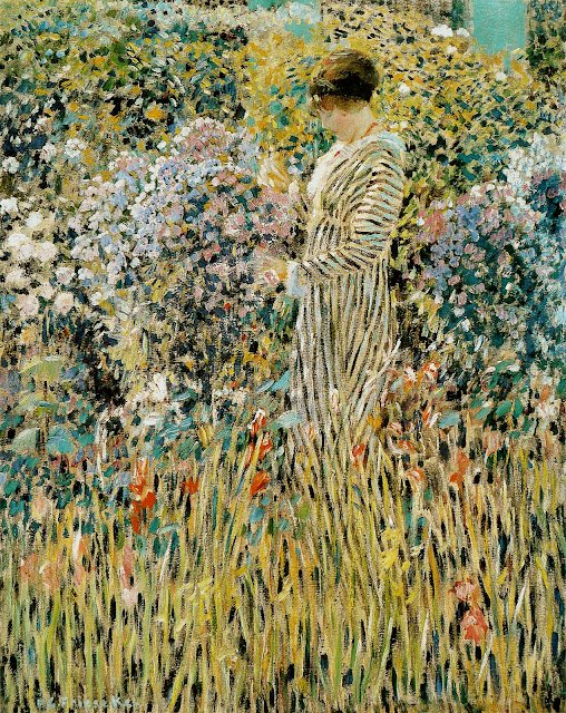 Dame in een tuin door Frederick Carl Frieseke