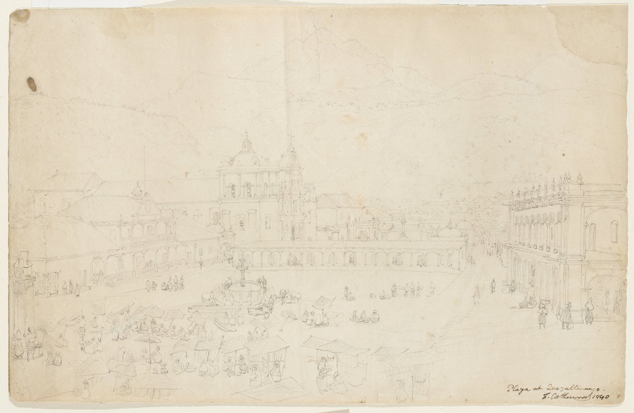 Plaza in Quezaltenango door Frederick Catherwood