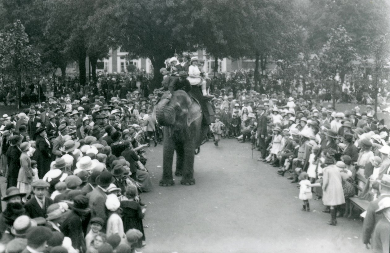 Menigte bezoekers kijkt naar een olifantenrit in de dierentuin van Londen, augustus bank holiday, 1922 door Frederick William Bond