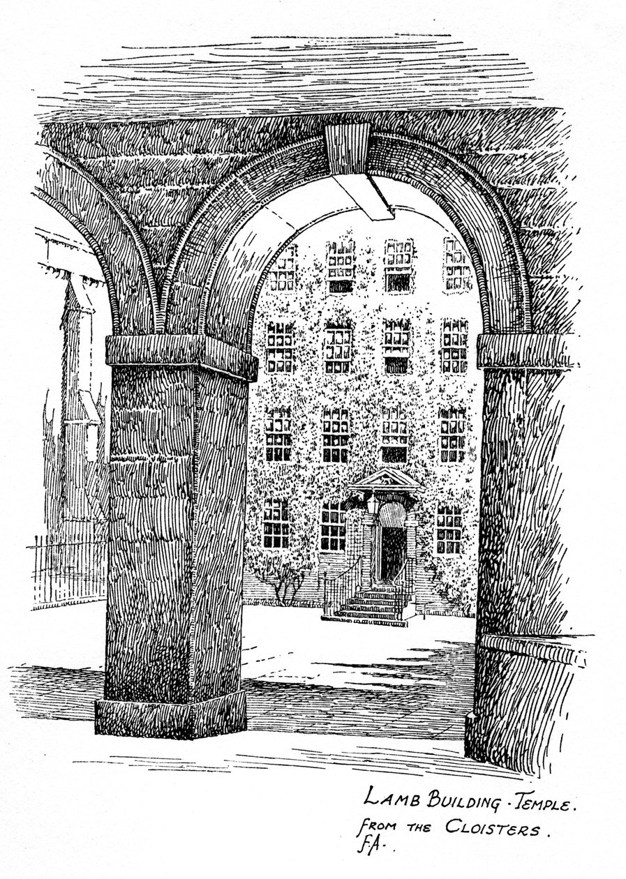 Lamb Building, Temple, vanuit de kloosters, Londen, 1912 door Frederick Adcock