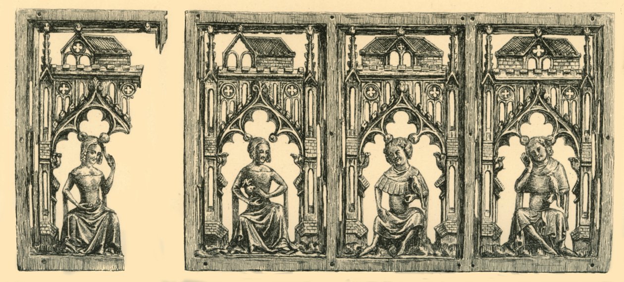 Ridders en dames zittend onder baldakijnen, doorboord ivoren paneel, midden-late 14e eeuw door Frederick Albert Slocombe
