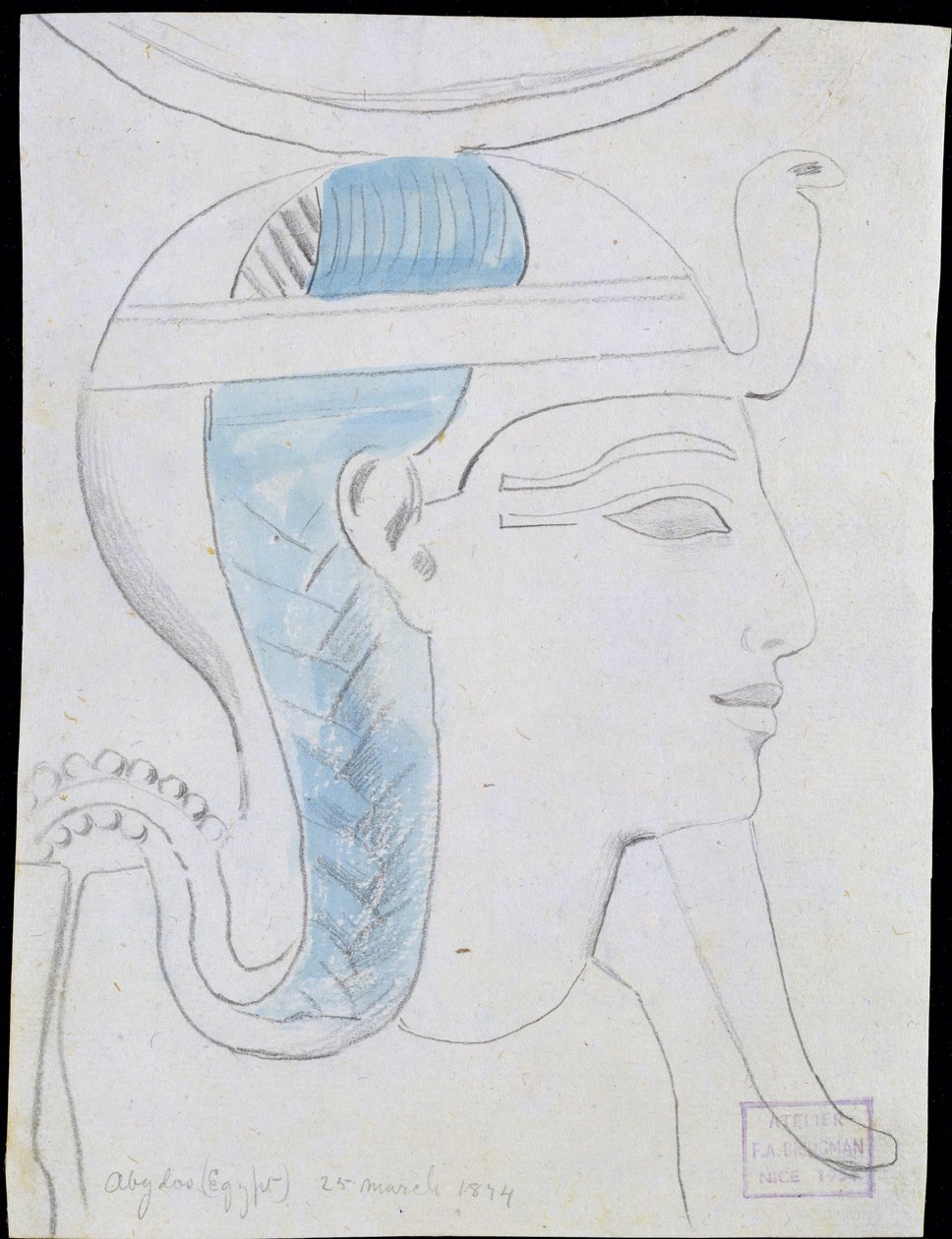 Studie van een Reliëf van het Hoofd van de God Khonsu in de Tempel van Seti I, Abydos, 1874 (potlood en aquarel op papier) door Frederick Arthur Bridgman