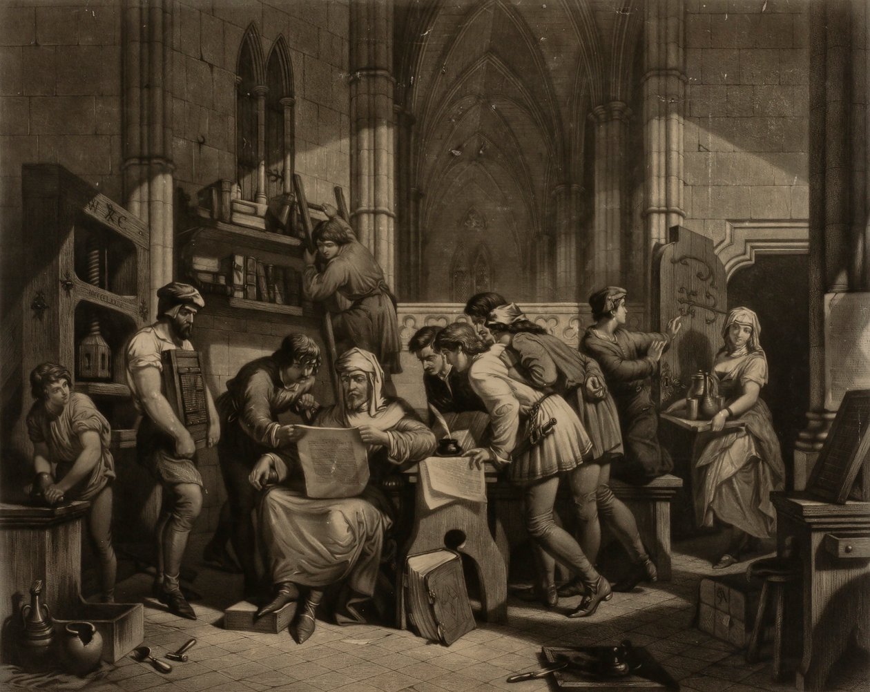 William Caxton - Eerste proefdruk van zijn drukpers in Westminster Abbey, 1474 na Christus. door Frederick Bacon