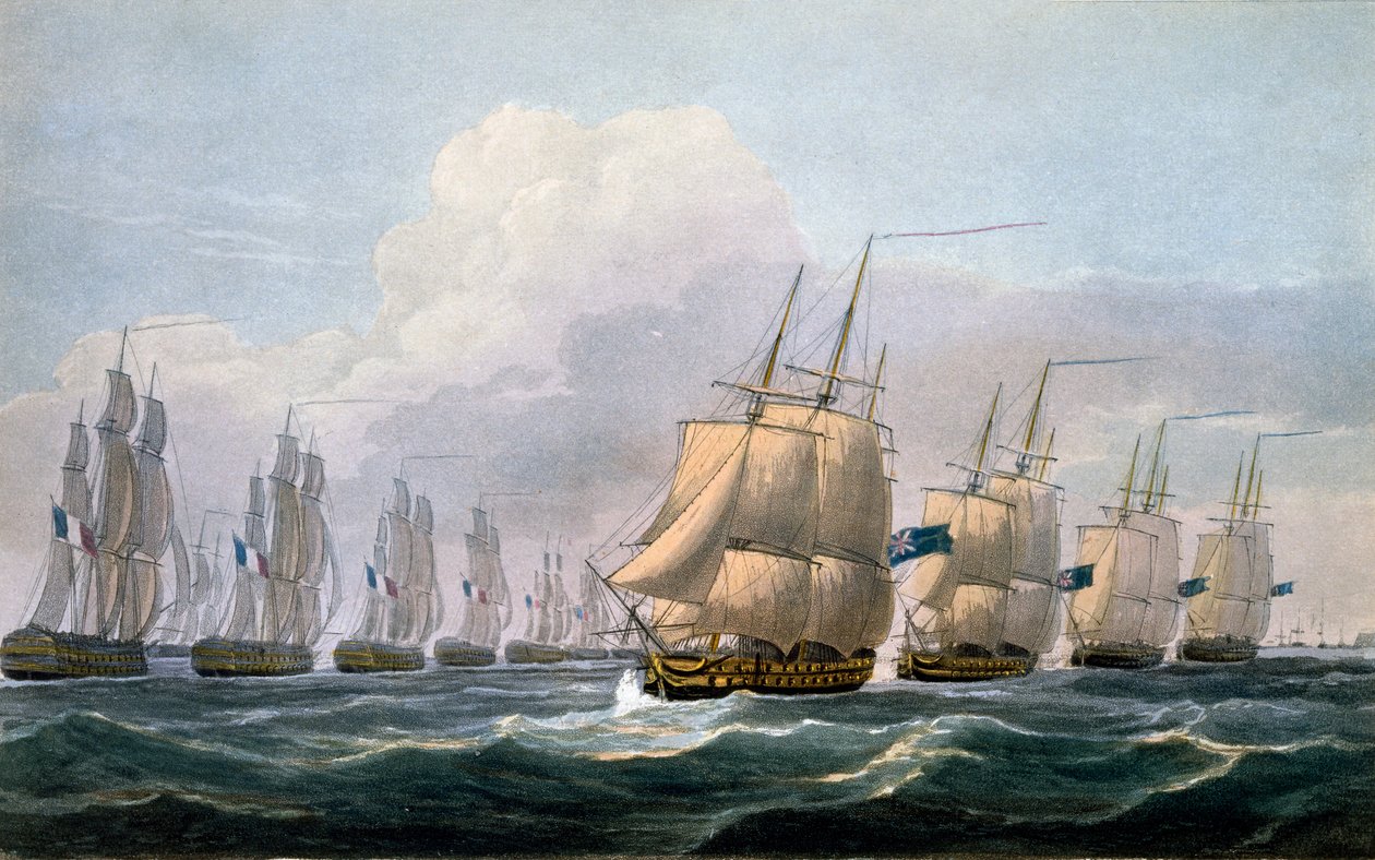 Kapitein Beresford in HMS Theseus leidt zijn eskader van schepen uit 