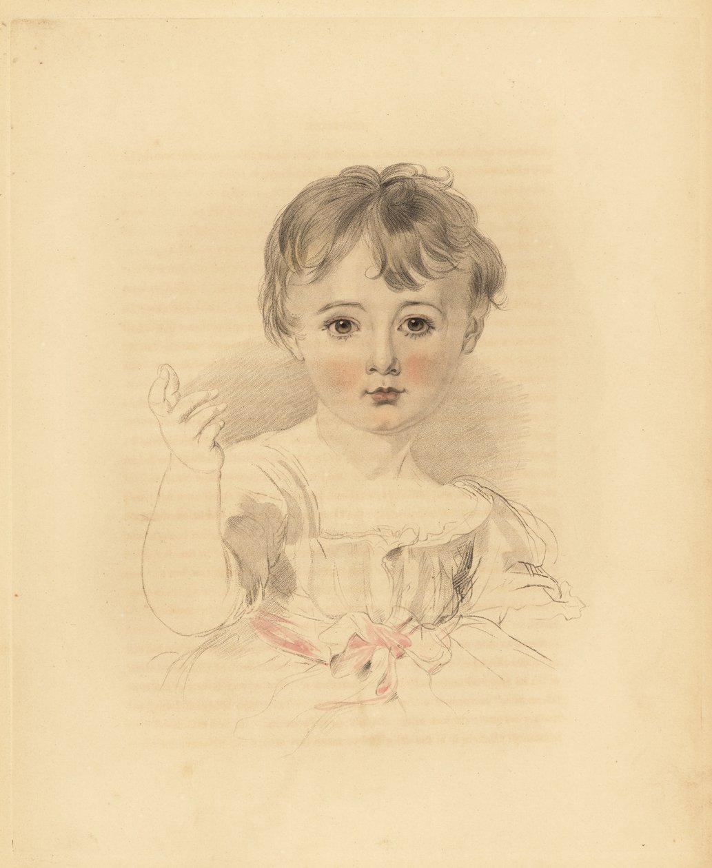 Portret van Thomas Lawrence Bloxam, neef van Sir Thomas Lawrence. In jurk met roze lint. Handgekleurde gravure door Frederick Christian Lewis naar een illustratie van Sir Thomas Lawrence uit P.G. Patmore