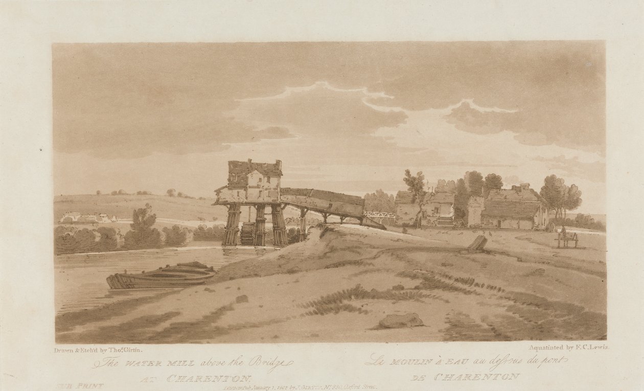 De watermolen boven de brug bij Charenton 1803; Plaat 20 uit Zichten in Parijs, het Emanuel Volume tracing van de plaat B181.25.2629 door Frederick Christian Lewis the Elder