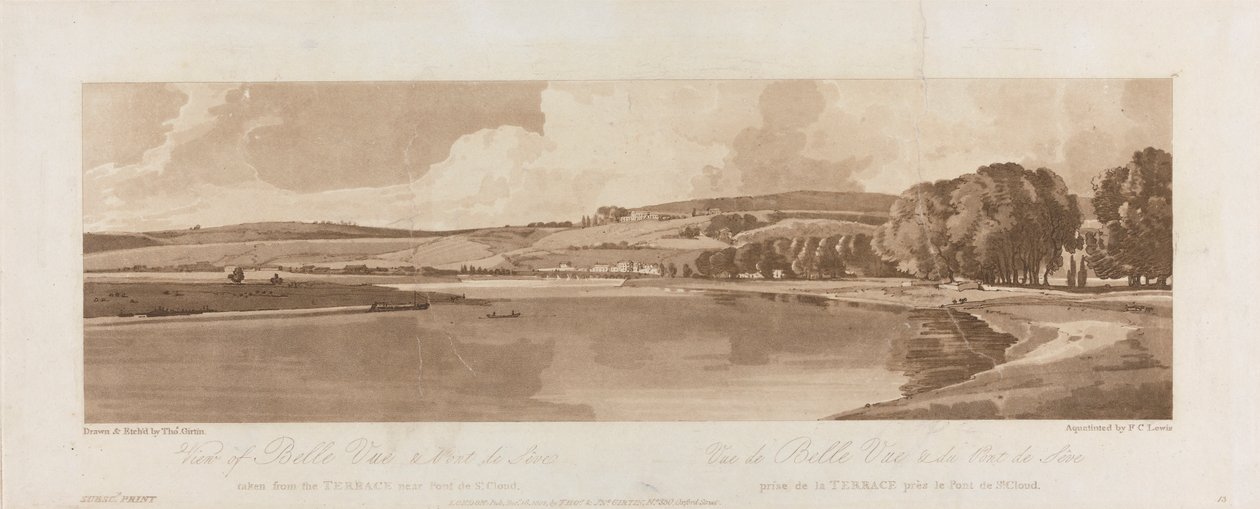 Uitzicht op Belle Vue en Pont de Seve genomen vanaf het Terras nabij Pont de St. Cloud 1802; Plaat 13 Uitzichten in Parijs, het Emanuel Volume tracering van de plaat B1981.25.2622 door Frederick Christian Lewis the Elder