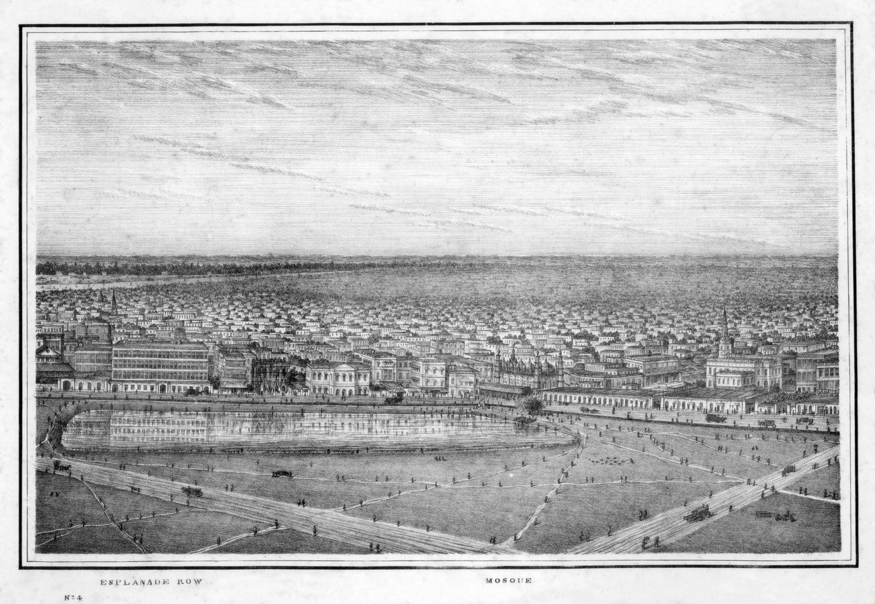Esplanade Row en moskee, panorama van Calcutta, India door Frederick Fiebig