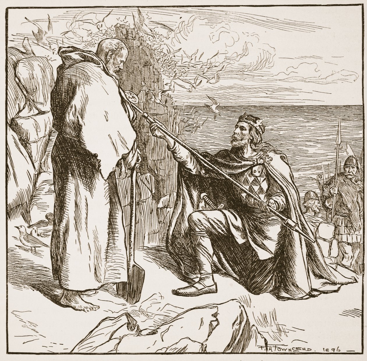 Egfrid smeekt St. Cuthbert, illustratie uit 