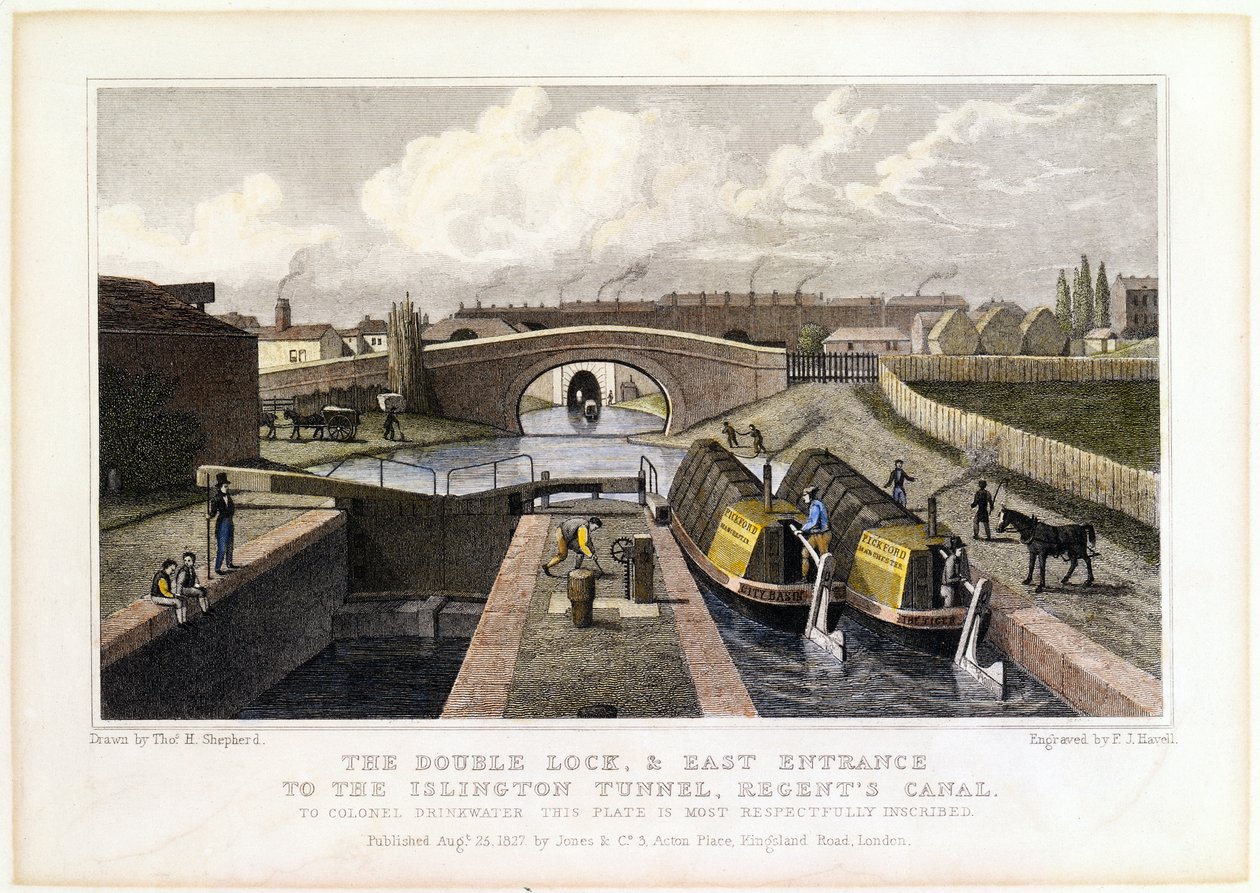 De Dubbele Sluis en Oostelijke Ingang van de Islington Tunnel, Regents Kanaal door Frederick James Havell