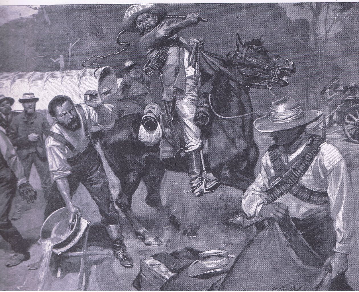 Boerenbehandeling van vredesgezanten: De geseling van Margendaal, uit After Pretoria: The Guerilla War gepubliceerd door Harmsworth Bros Limited, 1901 door Frederick Judd Waugh