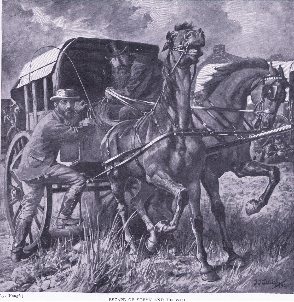 Ontsnapping van Steyn en De Wit, illustratie uit Na Pretoria: De Guerrillaoorlog, 1902 door Frederick Judd Waugh