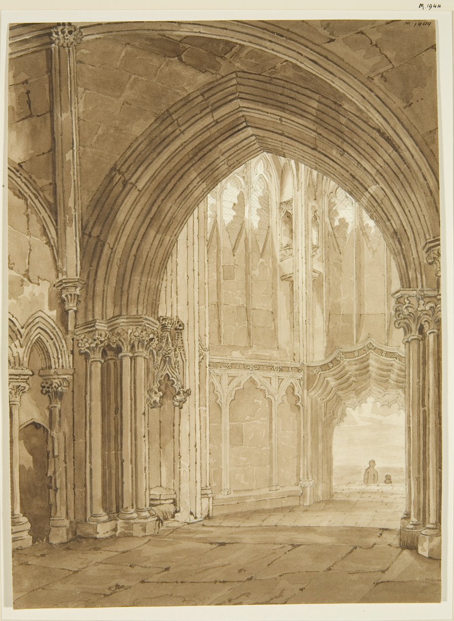 Interieur van de noordelijke portiek van St Mary Redcliffe door Frederick Mackenzie