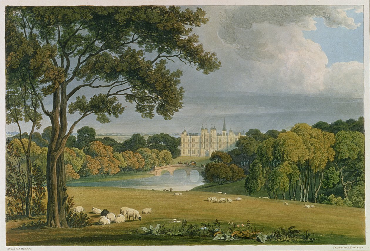 Uitzicht op Burghley House, zetel van de Markies van Exeter, gegraveerd en gepubliceerd door Robert Havell (1769-1832), 1819 (kleurengraving) door Frederick Mackenzie