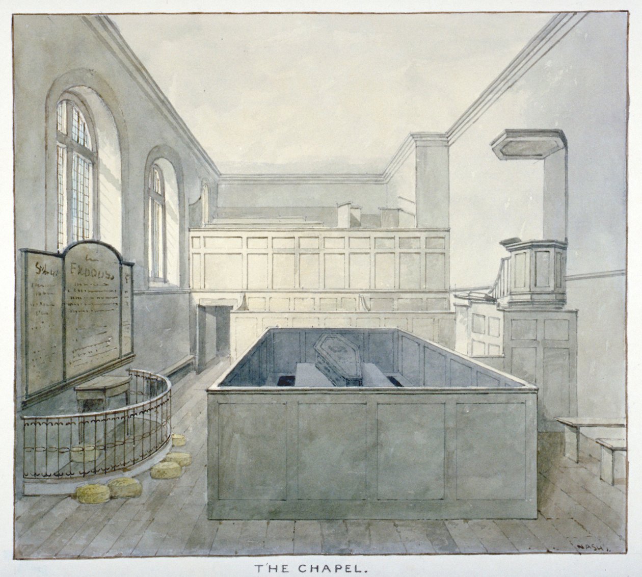 Interieur van de kapel in Newgate Gevangenis, Old Bailey, City of London door Frederick Nash