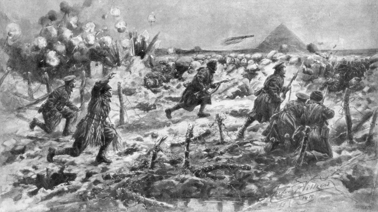 Een Britse aanval met de bajonet en granaat, Neuve-Chapelle, Frankrijk, 10 maart 1915 door Frederick Villiers