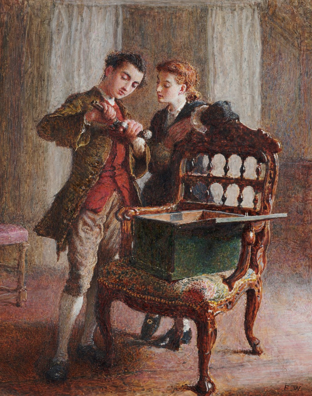 Een Salon Scène met een imposante open Armstoel door Frederick Walker