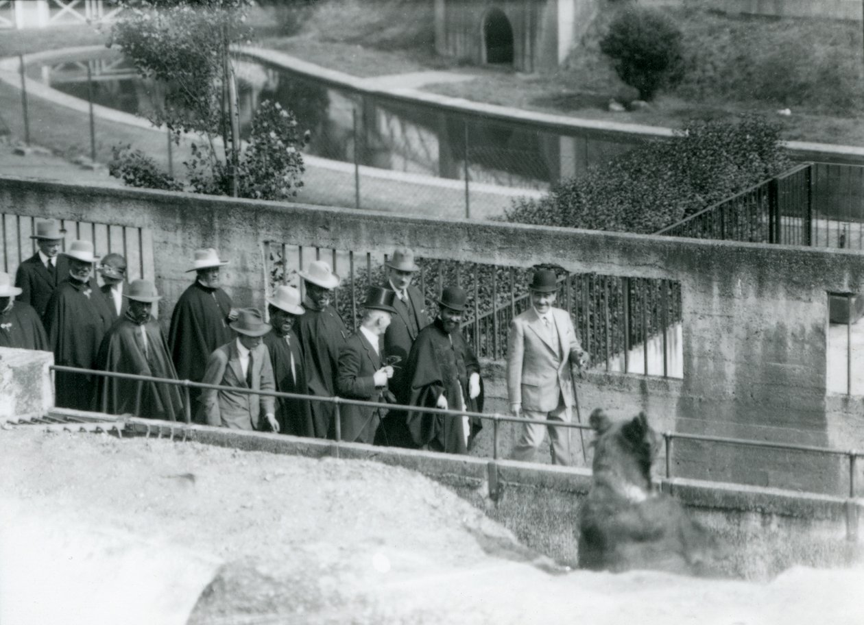 Sir Peter Chalmers Mitchell met Ethiopische Regent Haile Selassie en zijn gevolg, bekijkt een Bruine Beer op de Mappin Terrassen, London Zoo door Frederick William Bond