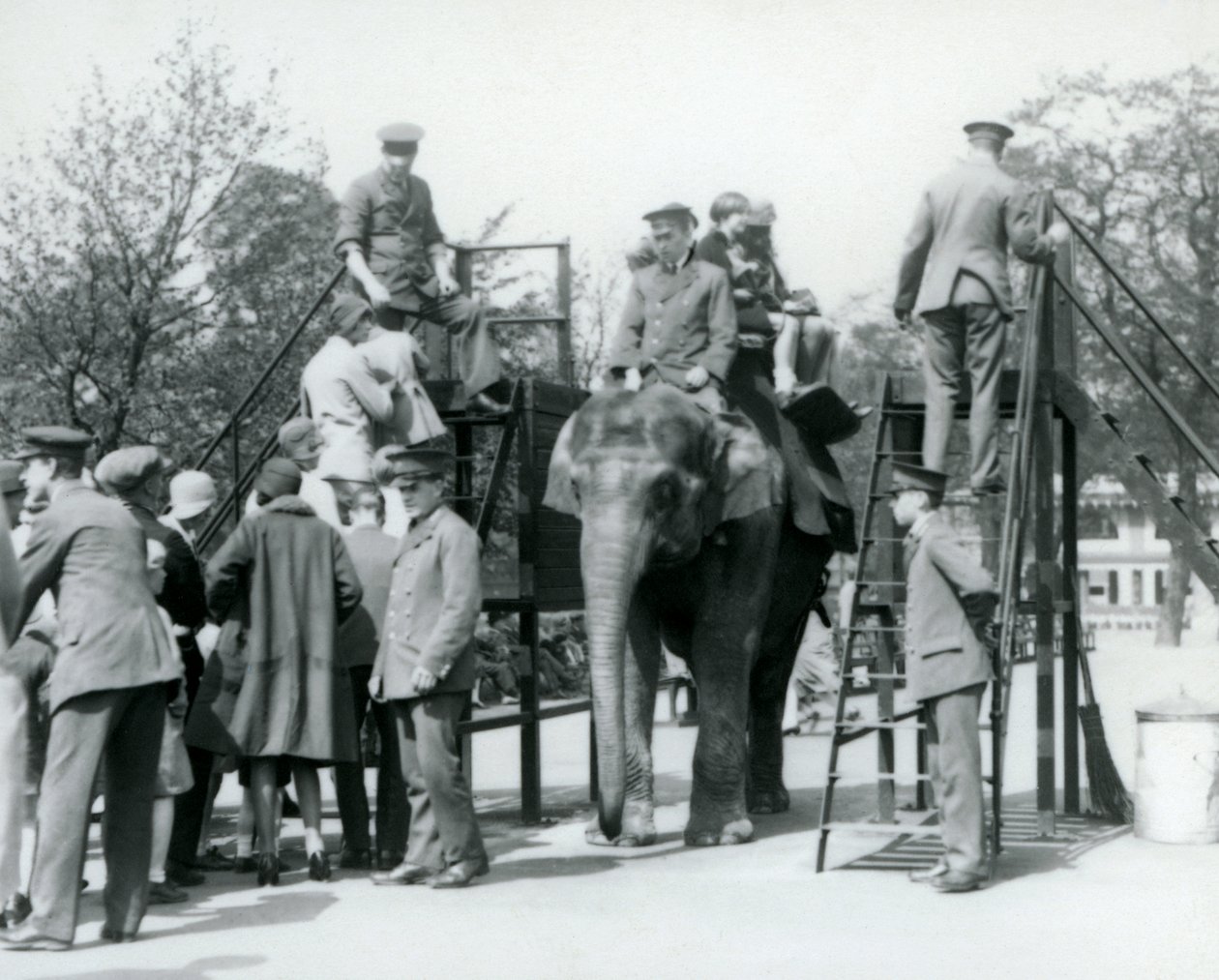 Bezoekers in de rij voor een Olifantenrit terwijl anderen instappen met de hulp van vijf verzorgers, London Zoo, 1927 door Frederick William Bond