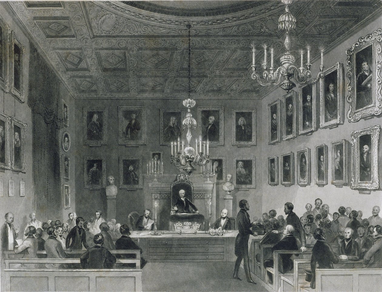 Uitzicht op het Interieur van Somerset House, met een Vergadering van de Koninklijke Antiquarische Vereniging, ca. 1840 door Frederick William Fairholt