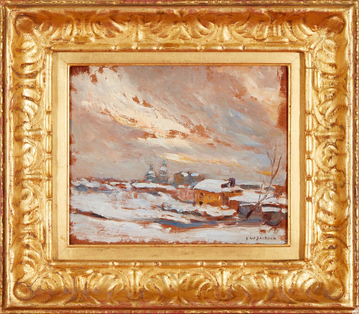 Een winterlandschap met koepels in de verte, Rusland (olieverf op paneel) door Frederick William Jackson