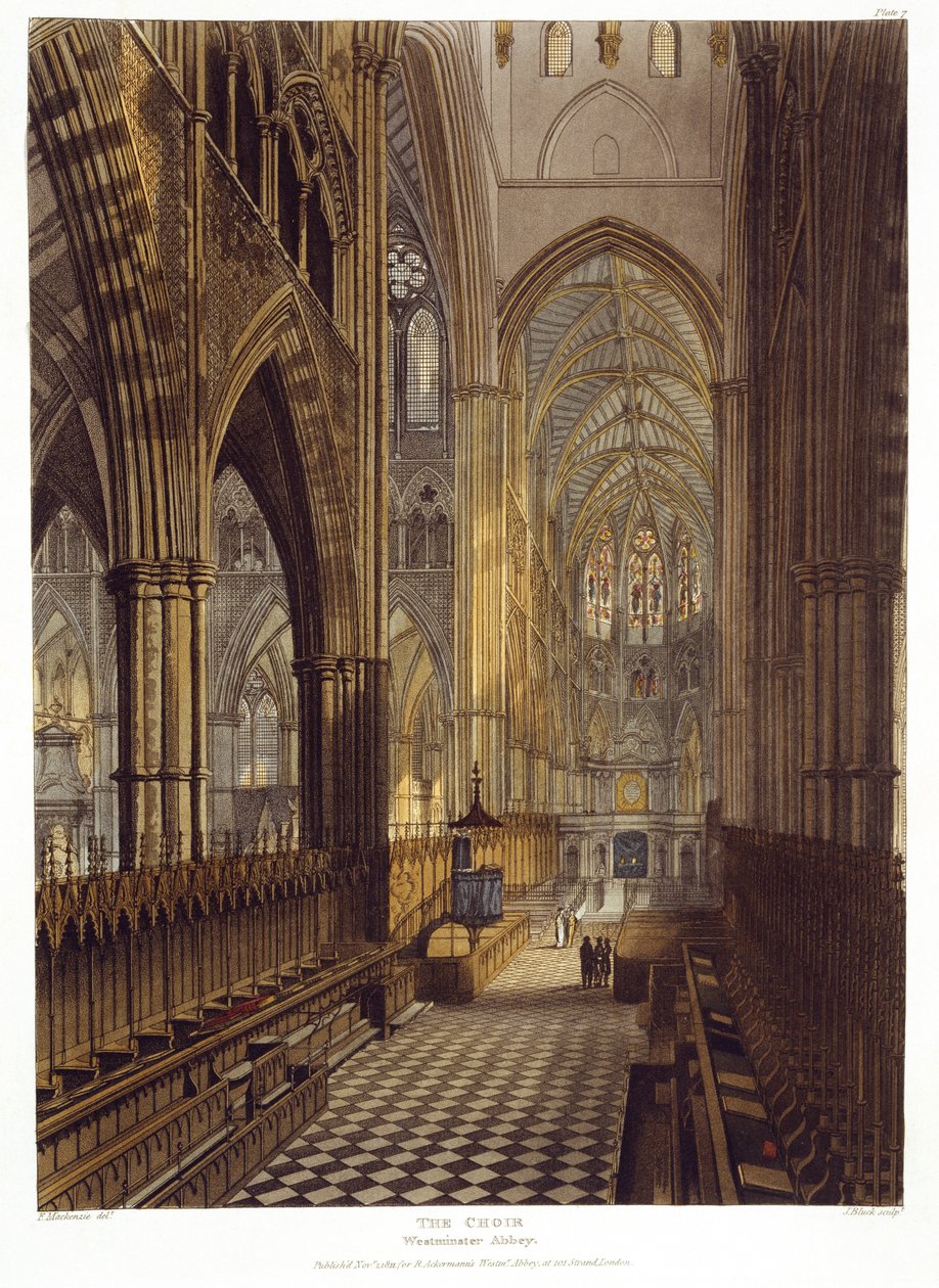 Het koor, plaat 7 uit Westminster Abbey, gegraveerd door J. Bluck (fl.1791-1831) pub. door Rudolph Ackermann (1764-1834) 1811 door Frederick after Mackenzie