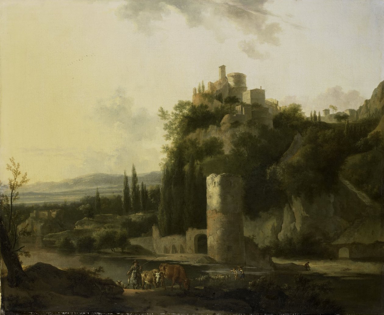 Italina landschap met ronde toren door Frederick de Moucheron