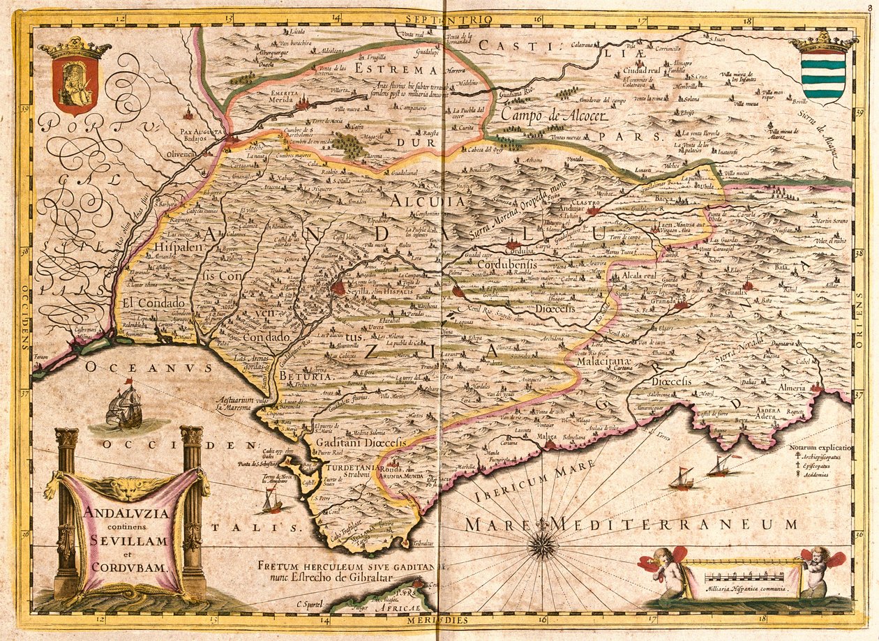 Kaart van Andalusië, met Sevilla en Cordoba (Spanje) (ets) door Frederick de Wit