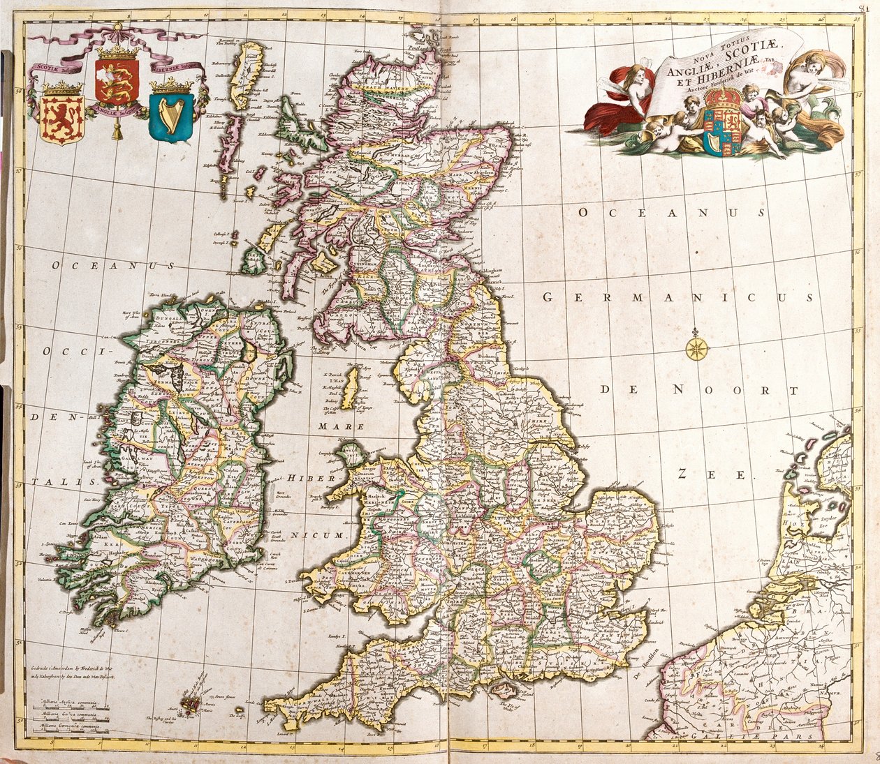 Kaart van Engeland, Schotland en Ierland (Groot-Brittannië) door Frederick de Wit