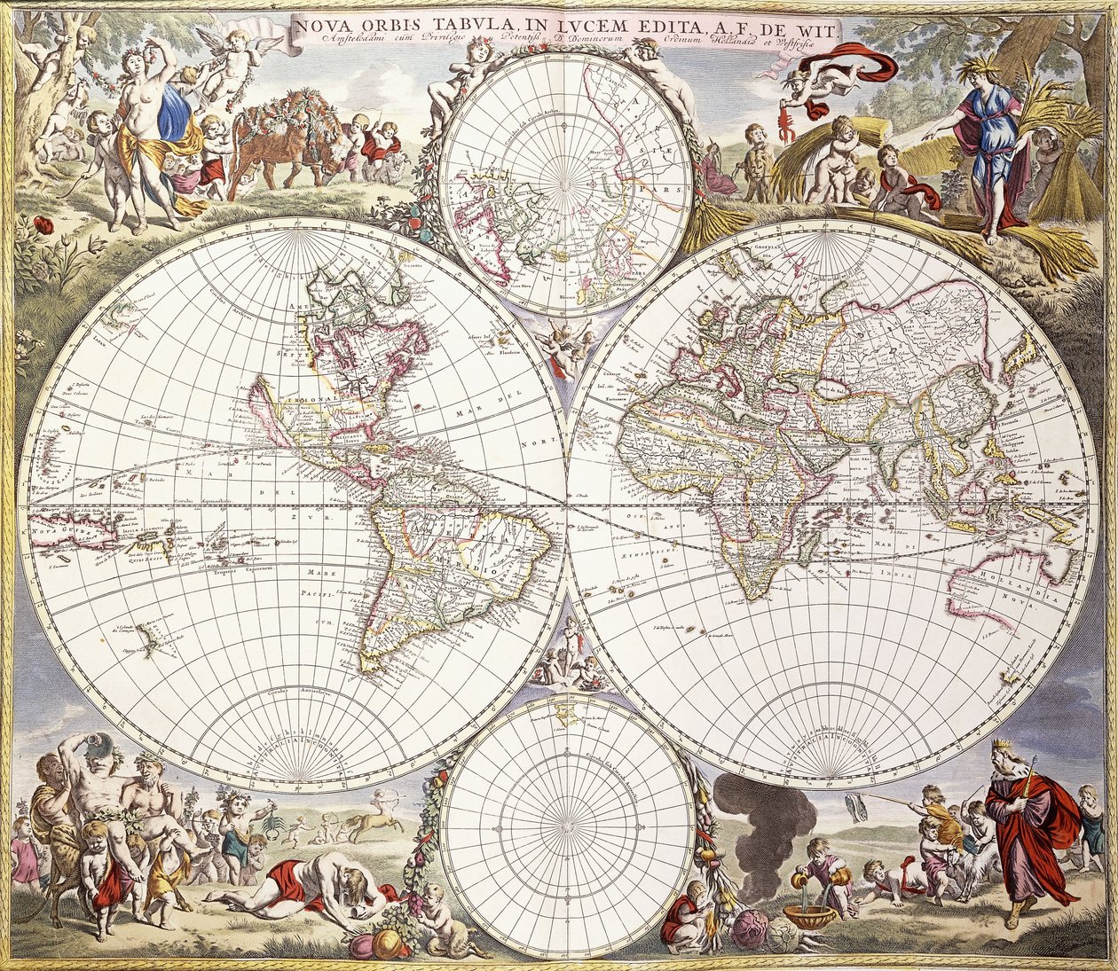 Wereldkaart uit Atlas Maior, ca. 1705 door Frederick de Wit